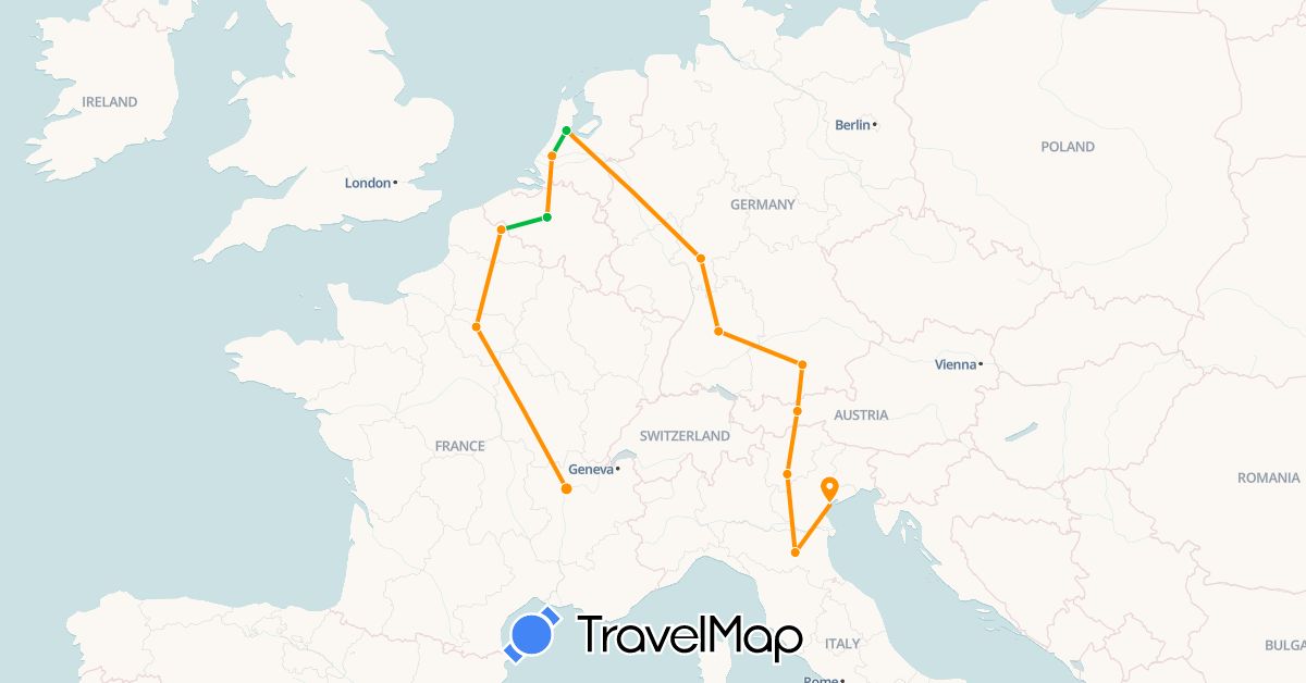 TravelMap itinerary: driving, bus, hitchhiking in Austria, Belgium, Germany, France, Italy, Netherlands (Europe)